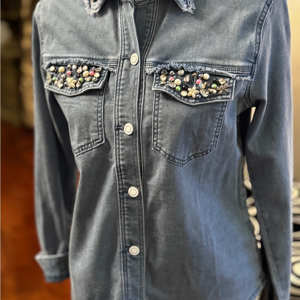 Tribal Denim Button Down Shirt with Embellished Pockets